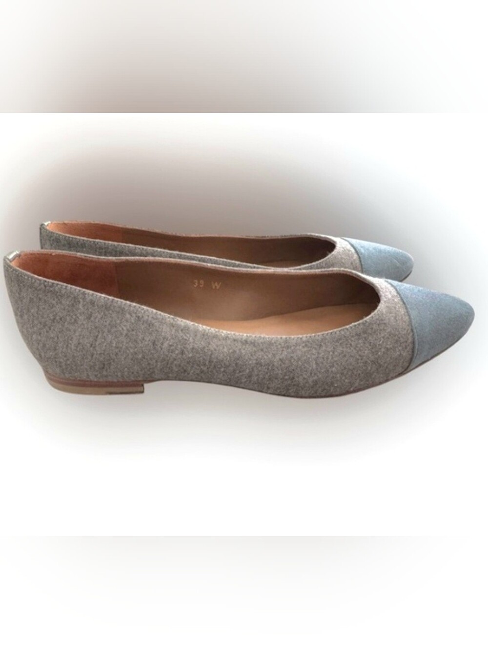 Margaux Pointe wool suede ballet flats two-tone gray and blue colorway 39EU wide